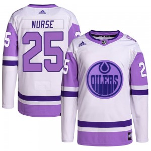 Darnell Nurse Edmonton Oilers Youth Adidas Authentic White/Purple Hockey Fights Cancer Primegreen Jersey