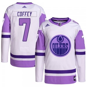 Paul Coffey Edmonton Oilers Men's Adidas Authentic White/Purple Hockey Fights Cancer Primegreen Jersey