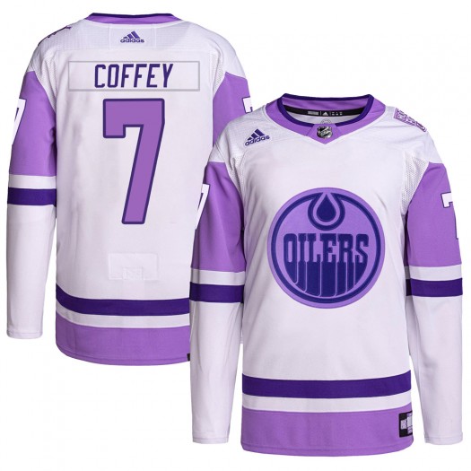 Paul Coffey Edmonton Oilers Youth Adidas Authentic White/Purple Hockey Fights Cancer Primegreen Jersey