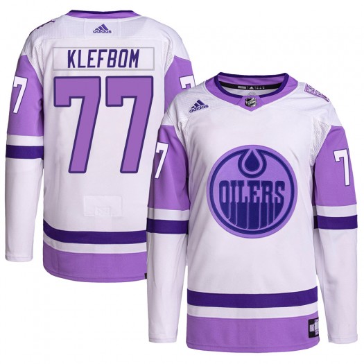 Oscar Klefbom Edmonton Oilers Youth Adidas Authentic White/Purple Hockey Fights Cancer Primegreen Jersey