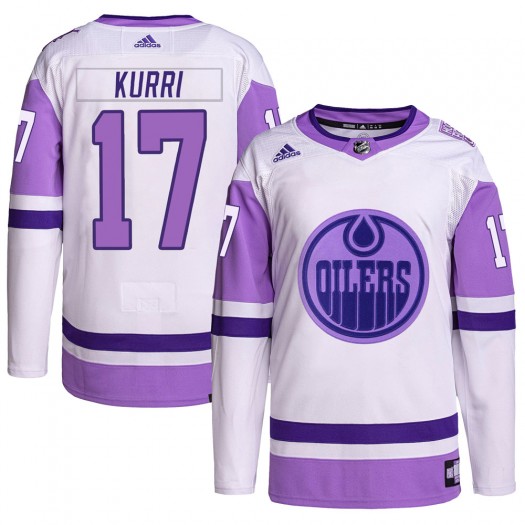 Jari Kurri Edmonton Oilers Youth Adidas Authentic White/Purple Hockey Fights Cancer Primegreen Jersey