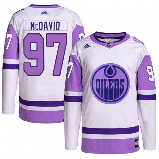 Connor McDavid Edmonton Oilers Youth Adidas Authentic White/Purple Hockey Fights Cancer Primegreen Jersey