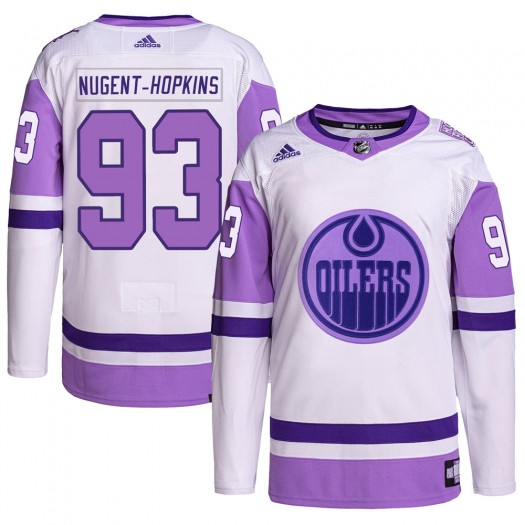 Ryan Nugent-Hopkins Edmonton Oilers Youth Adidas Authentic White/Purple Hockey Fights Cancer Primegreen Jersey