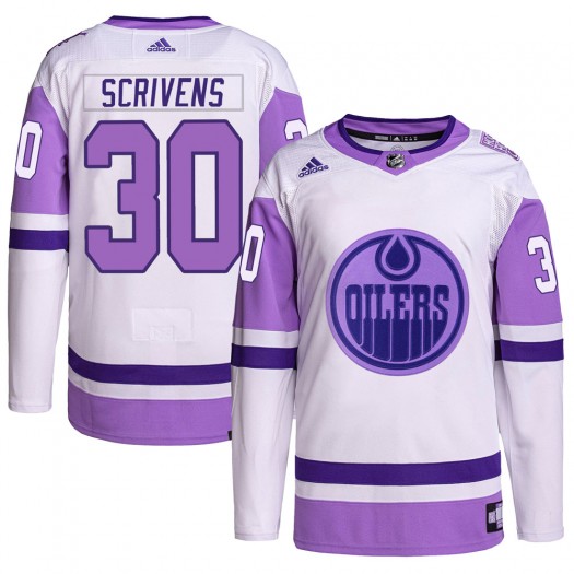Ben Scrivens Edmonton Oilers Youth Adidas Authentic White/Purple Hockey Fights Cancer Primegreen Jersey
