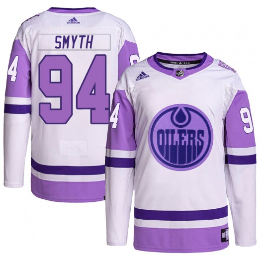 Ryan Smyth Edmonton Oilers Youth Adidas Authentic White/Purple Hockey Fights Cancer Primegreen Jersey