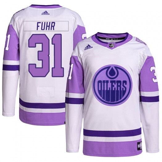 Grant Fuhr Edmonton Oilers Men's Adidas Authentic White/Purple Hockey Fights Cancer Primegreen Jersey
