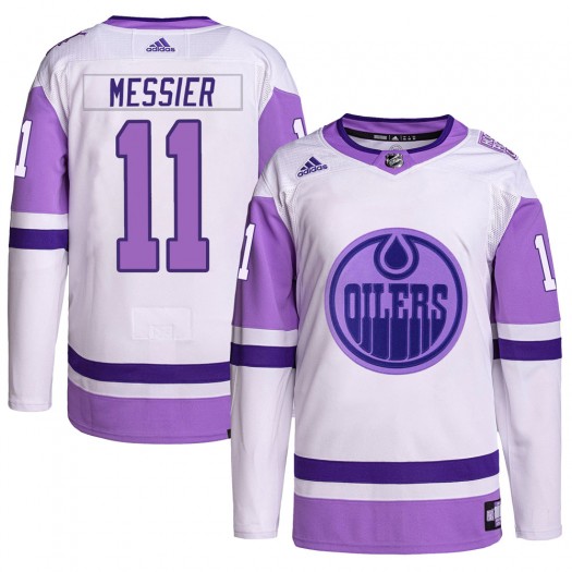 Mark Messier Edmonton Oilers Men's Adidas Authentic White/Purple Hockey Fights Cancer Primegreen Jersey