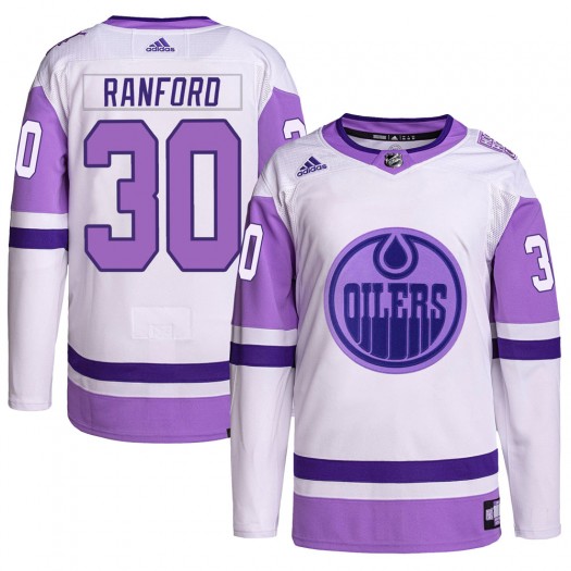Bill Ranford Edmonton Oilers Men's Adidas Authentic White/Purple Hockey Fights Cancer Primegreen Jersey