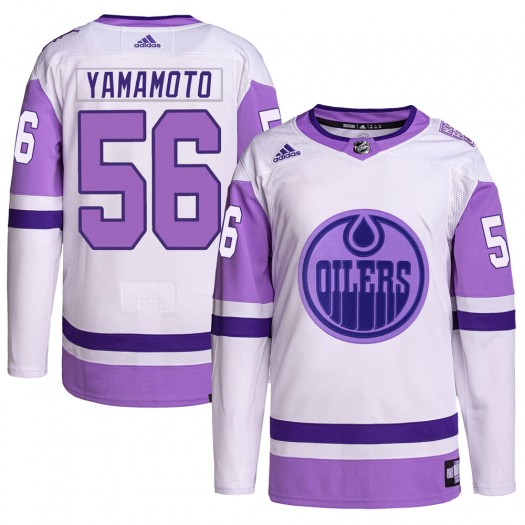 Kailer Yamamoto Edmonton Oilers Men's Adidas Authentic White/Purple Hockey Fights Cancer Primegreen Jersey